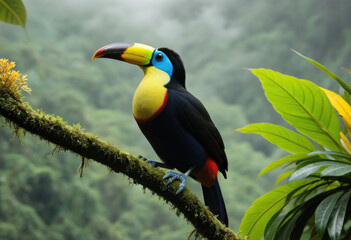 Fototapeta premium Colorful Plate-billed Mountain-Toucan perched on mossy branch in cloud forest of Latin America