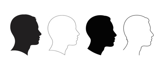 Female and male head silhouette. Human heads side view face. Man and woman avatar, anonymous profile line and outline minimal black icon. Isolated vector person simple user symbols