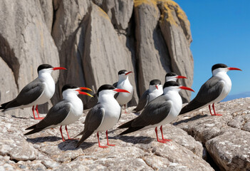 Fototapeta premium Group of social Inca Terns, nesting on a rocky cliff, sunny day