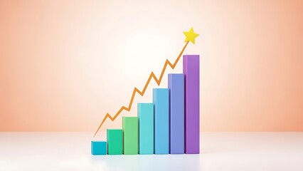 Abstract 3d rendering of a vibrant multicolored bar chart showing steady upward growth toward a distinct golden yellow star symbolizing achievement and success.