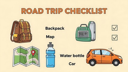 Essential items illustrated for a comprehensive road trip checklist including necessary gear and transportation preparation for travel adventure