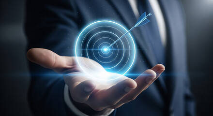 Person holding a glowing target with an arrow in the center transparent background hand