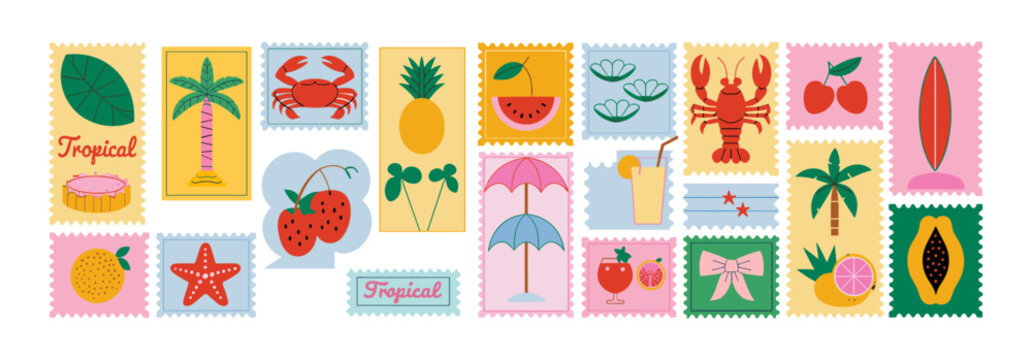 Set of tropical summer postage stamp. Vintage beach vacation stickers. Hand drawn palm tree, lobster, seashell, umbrella, cherry, cocktail, surfboard, fruits. Vector trendy illustration.