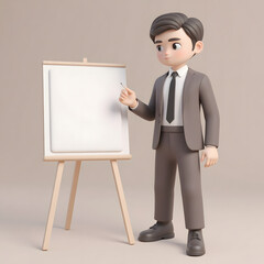 3D Cartoon Businessman with Blank Presentation Board on Easel｜3Dカートゥーンビジネスマンと空白のプレゼンボード