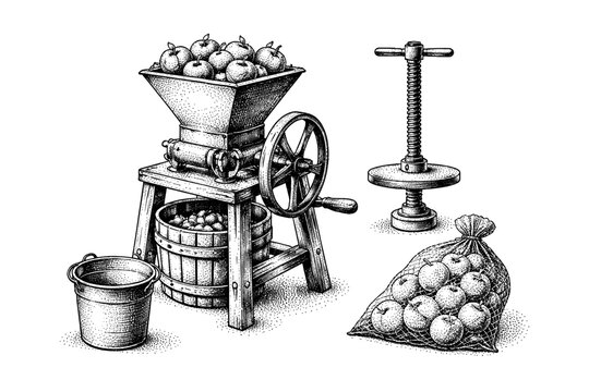 Vintage apple cider press with hand drawn details and harvest setup