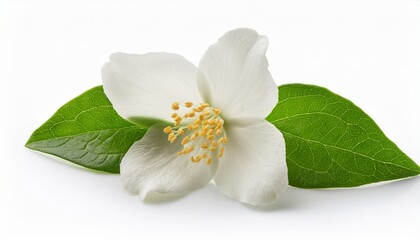 flowers of jasmine with vibrant leaves isolated on white background