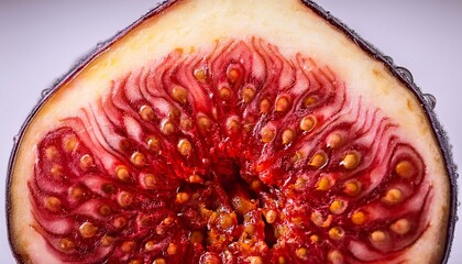 close up of a freshly sliced vibrant red fig showing its intricate seed structure