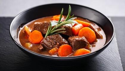close up of hearty beef stew in black bowl with tender meat bright carrots rich sauce and sprig of rosemary garnish served on slate surface