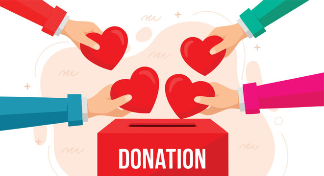 Hands Offering Hearts into Donation Box Concept Illustration for Charity and Generosity