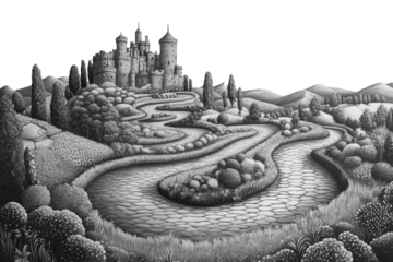 Fantasy inspired winding trail flowing through a dreamy enchanted forest isolated on transparent background