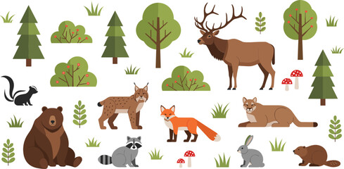 Fototapeta premium Cute woodland forest animal illustration set with deer bear fox lynx rabbit raccoon and trees vector