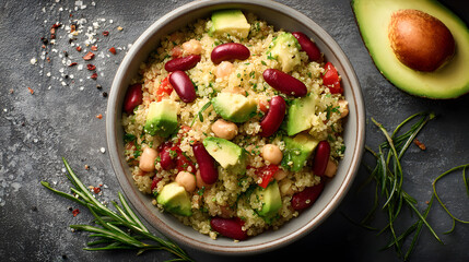 Quinoa salad avocado kidney bean chickpea tomato cucumber parsley lemon olive oil bowl