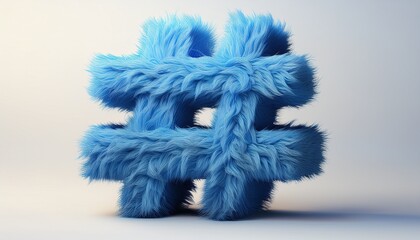 fluffy blue hashtag sculpture resting on white background artistic render