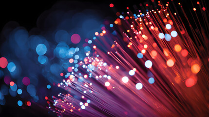 Fiber optic cable strands glowing with blue and red bokeh lights creating vibrant abstract network energy