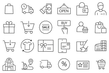 Shopping icon set. Out line icon of store, delivery, promotion and shopping cart symbol, cart, market, buyer, purchase, goods. Vector illustration. 