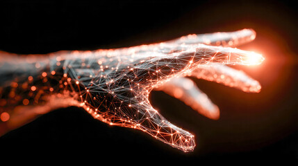 Futuristic digital human hand composed of glowing interconnected lines and nodes reaching out with vibrant light effects on a dark background in technology concept