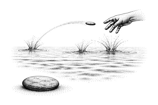 Skimming stone on water hand-drawn stipple art with splash effect