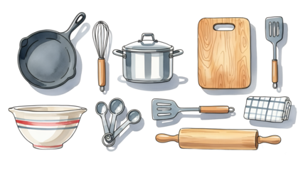 Assorted kitchen cookware and utensils including pots, pans, and baking tools on a clean white background