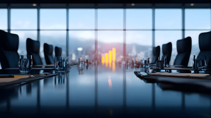 Conference room boardroom meeting table glass city view sunrise growth chart blurred business strategy with calm focus and purpose