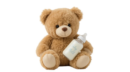 Obraz premium A realistic brown teddy bear holding a delicate baby milk bottle in a gentle and caring manner on a white background with realistic teddy bear
