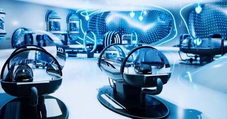 Designed with cutting edge technology, this wellness center showcases immersive wellness pods. The space is illuminated with blue lights, creating a relaxing and modern atmosphere.