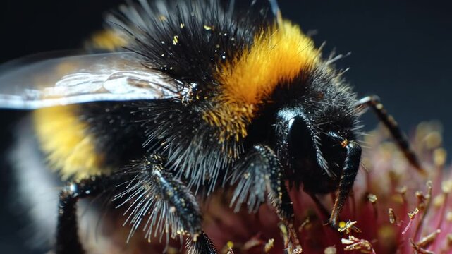 close up bumblebee on flower with pollen