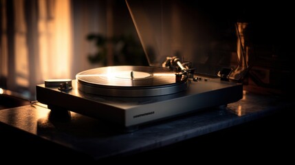 Obraz premium modern turntable, sleek design, high-fidelity audio equipment, warm ambient lighting 