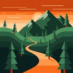 A vibrant flat vector illustration of a curved orange path leading through green rolling hills and pine forests toward distant mountains under a warm sunset sky.