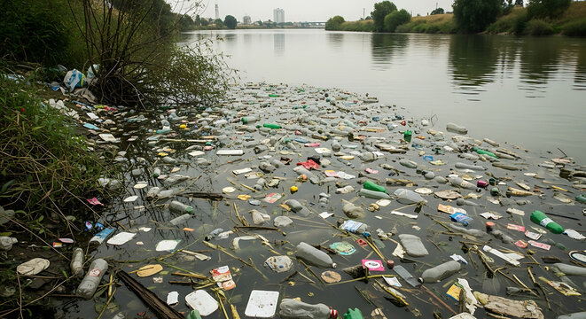 Pollution in the river with plastic waste and debris floating on the surface of the water near the shore