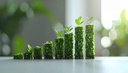Green bar graph made of foliage with growing plants on white surface