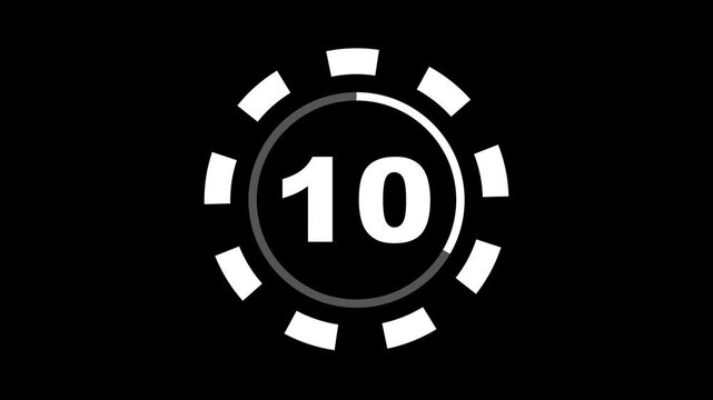Minimal segmented circle countdown with bold number display for video intros, event openers, and presentation starts. Created in 4K at 30 fps with alpha channel.
