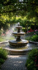 Tiered Fountain in Lush Garden Setting with Cobblestone Path.