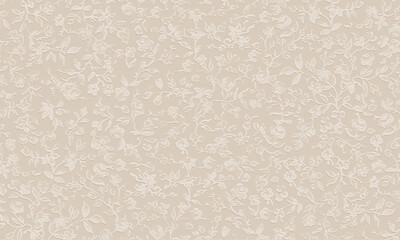 A seamless vintage wallpaper texture featuring an intricate, embossed white floral pattern with delicate leaves and blossoms.
