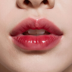 Obraz premium Red lipstick accentuates a pink kiss on the lips
