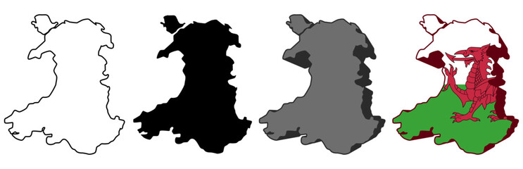set collections wales flag in map icon. Detailed Libya map silhouette. 3D Maps wales symbol design template vector illustration