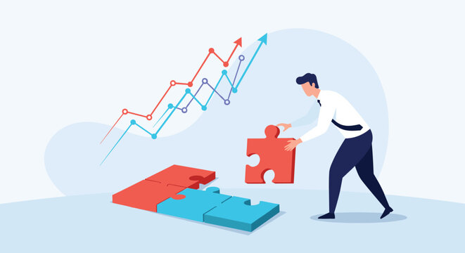 Strategic manager completes a complex business solution by fitting a red puzzle piece into a growing financial chart landscape.
