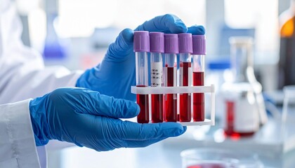 Scientist in Blue Gloves Holding Rack of Blood Samples for Medical Testing in Laboratory