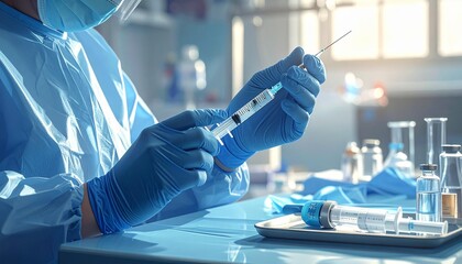 Medical professional in blue scrubs and gloves preparing a syringe with vaccine in a laboratory or hospital clinic