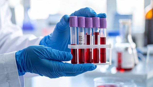 Scientist in Blue Gloves Holding Rack of Blood Samples for Medical Testing in Laboratory - Powered by Adobe