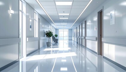 Fototapeta premium Modern empty hospital corridor with bright sunlight and polished floors in a clean medical facility