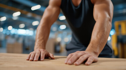 Above table top view of hands of a warehouse worker performing routine tasks on a tabletop, close-up expressing manual work, order, and industrial operations. cinematic color correction, natural