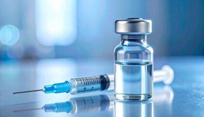 Vaccine vial and medical syringe with needle on blue laboratory background for healthcare and immunization concept