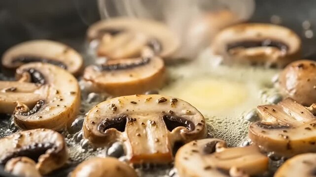Delicious mushrooms cooking in a pan with butter and spices.
