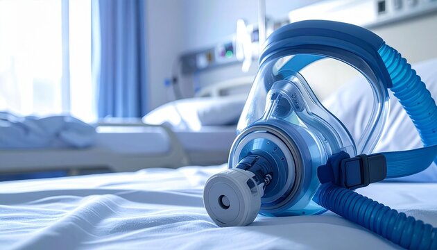 Medical Respiratory Full Face Mask on Hospital Bed in Clean Clinic Ward