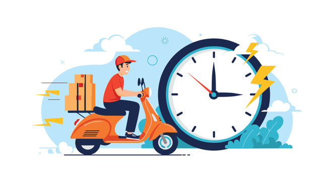 Fast delivery courier on an orange scooter provides quick shipping service in front of a large clock showing time efficiency.