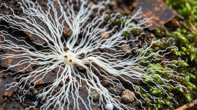 Intricate White Mycelium Network Growing on Forest Floor Amidst Moss and Bark.