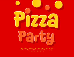 Vector Holiday invitation Pizza Party. Bright Handwritten Font. Funny Yellow Alphabet Letters and Numbers set.