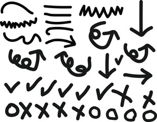 Collection of hand drawn arrows and symbols on white background