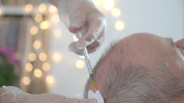 trichologist performs scalp injections vitamins, peptides and amino acids on man's balding area, promoting hair growth, targeting follicle strength and hair restoration