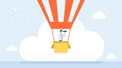 Businessman in air balloon with a telescope.Man on hot air balloon looking through. People looking for ways to profit and succeed at work.  Searching discovery research.  Vector illustration
